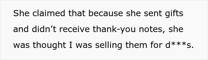 Text excerpt discussing a mother retaliating against postpartum boundaries by misinterpreting gift intentions.