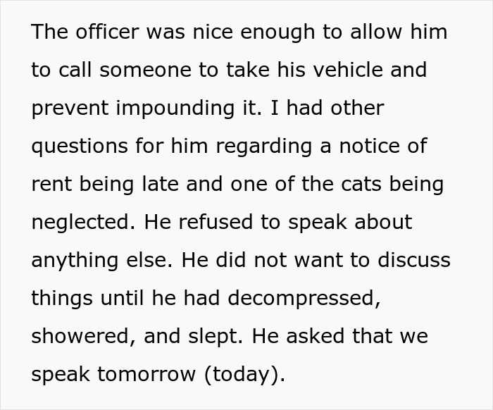 Text excerpt describing officer permitting vehicle pick-up and concerns about rent and neglected cats during jail visit.