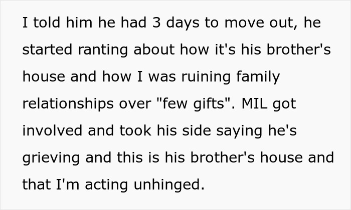 Text excerpt discussing woman kicking late husband's brother and his kids out over misuse of belongings and family conflict.