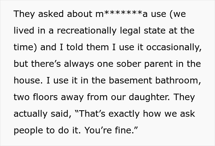 Text discussing postpartum boundaries, occasional m*******a use away from child, and household sobriety practices.