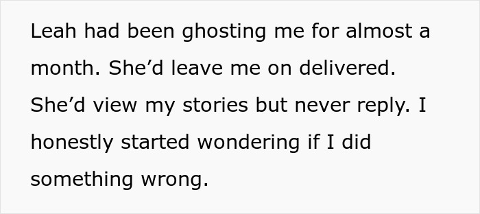 Text excerpt showing someone feeling hurt and confused about a best friend backup plan and being ghosted for a month.