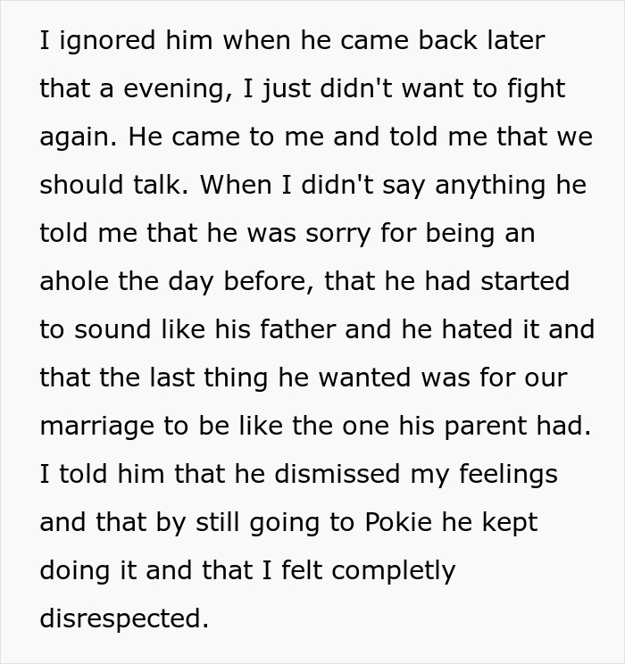 Text excerpt describing a husband apologizing and addressing issues in a marriage involving feelings of disrespect and cheating.