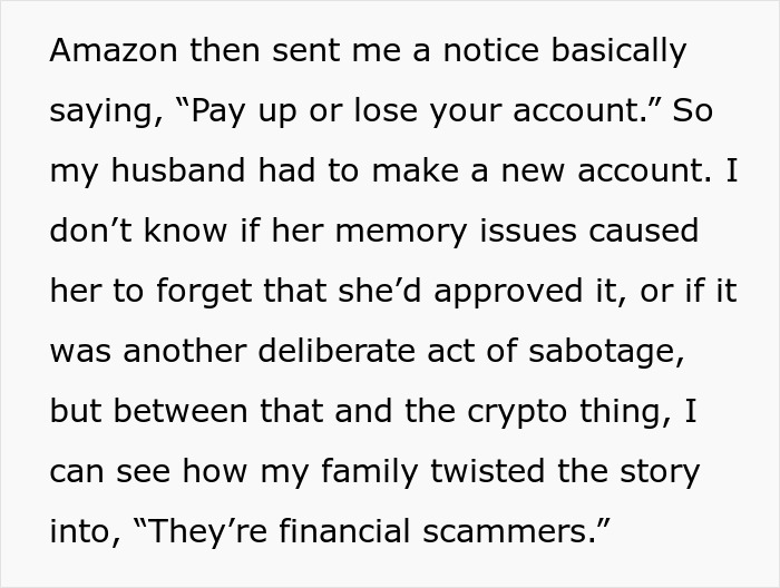 Text excerpt discussing postpartum boundaries retaliation involving memory issues and family conflict over financial sabotage claims.