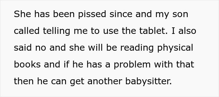Text excerpt about grandma refusing tablet use and teaching grandkid to read, causing family conflict over childcare perks.