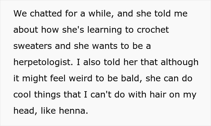 Text about a lady learning crochet and discussing hair and wigs, related to friend&rsquo;s long hair and wig expectations.