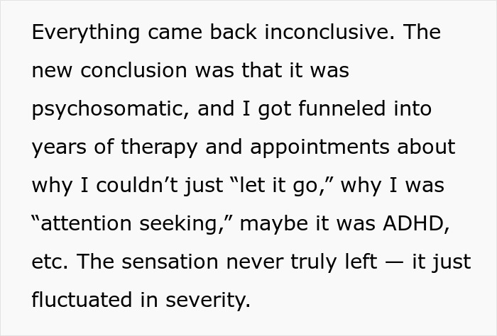 Text excerpt discussing psychosomatic diagnosis and years of therapy related to persistent throat pain and fluctuating severity.