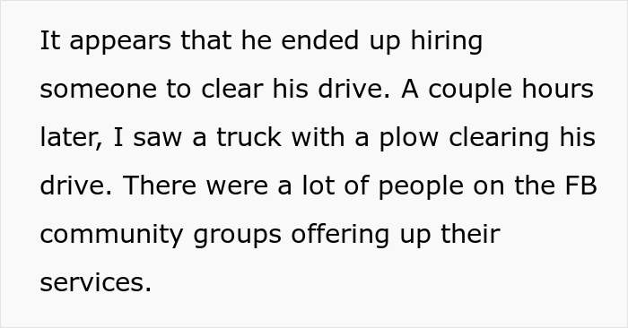 Text excerpt discussing someone hiring help to clear their driveway with a plow after snow, showing community support on Facebook groups.