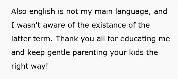 Text on a gray background about not knowing the term and thanking others for educating on gentle parenting kids the right way.