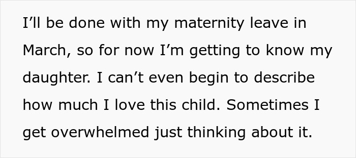 Text about maternity leave and bonding with daughter, reflecting dad's GF baby fever and daughter's horrified reaction.