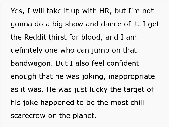 Text excerpt from a man wanting to shut up his boss after comments on his low weight, showing confidence and humor.