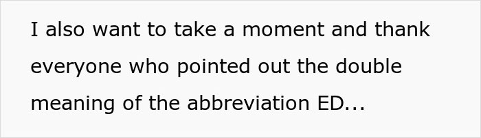 Text excerpt highlighting a humorous moment about the double meaning of the abbreviation ED related to a man and his boss's comments on weight.