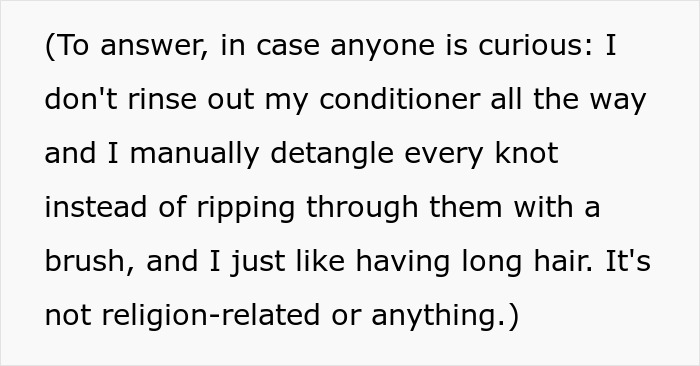 Text explaining a woman who prefers to keep her long hair despite a friend expecting her to cut it for a sister&rsquo;s wig.