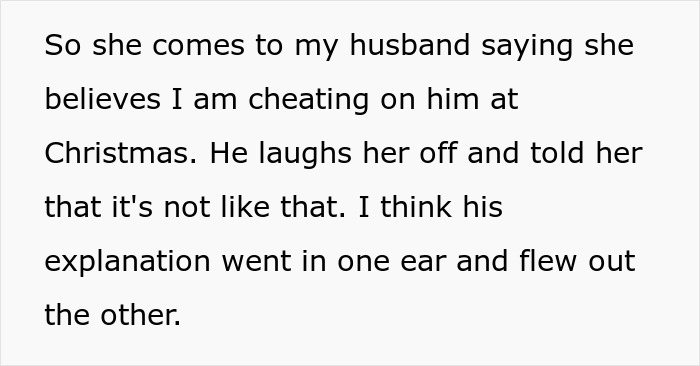 Text message from woman explaining her mother-in-law accused her of cheating, but the plan to catfish backfires.
