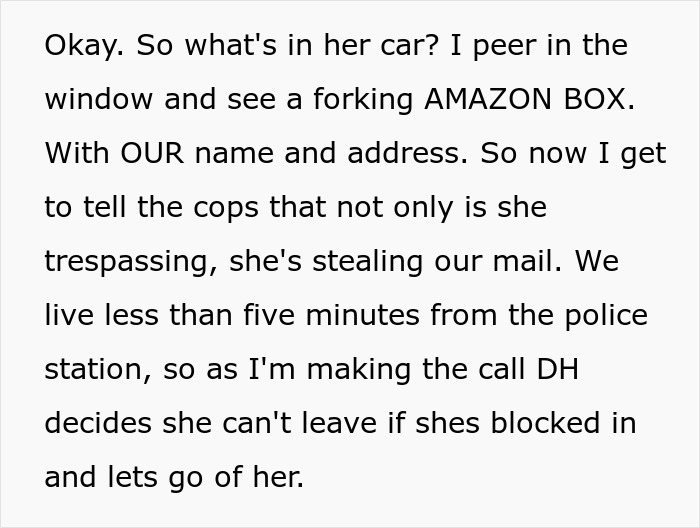 Text describing a couple suspecting wife’s step-mom of stealing food and mail, prompting a police and CPS involvement.