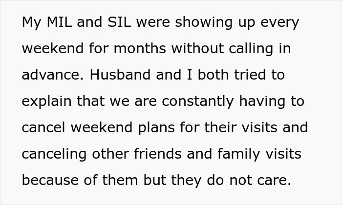 Woman fed up with in-laws constantly showing up unannounced, struggling with boundaries and family visits.