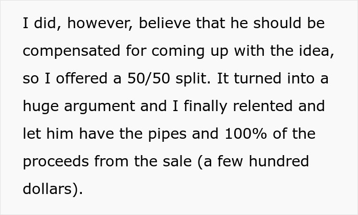 Text excerpt discussing refusing to share profit from selling bike spare parts after an argument over compensation.