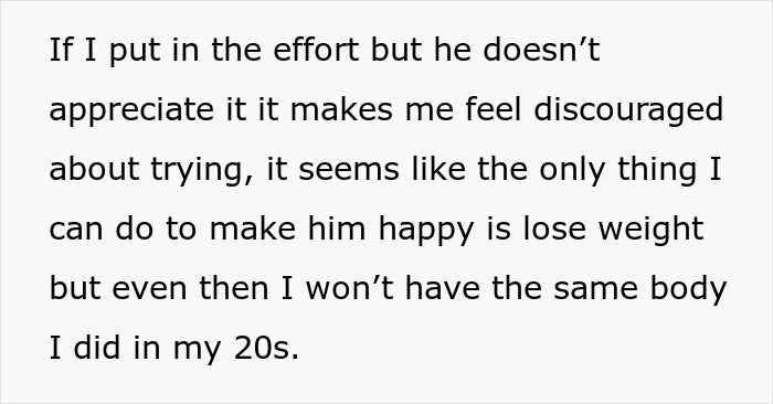 Text expressing frustration about losing weight to please a cruel partner after having a baby, feeling discouraged and pressured.