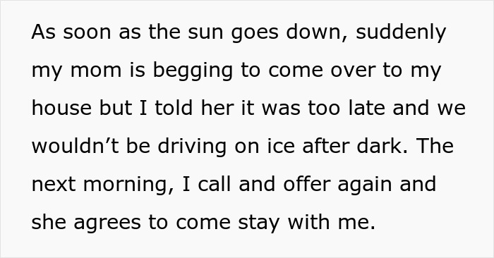 Text describing a tense situation where temperatures rise during a snowstorm after a refusal to house a neighbor and dog.