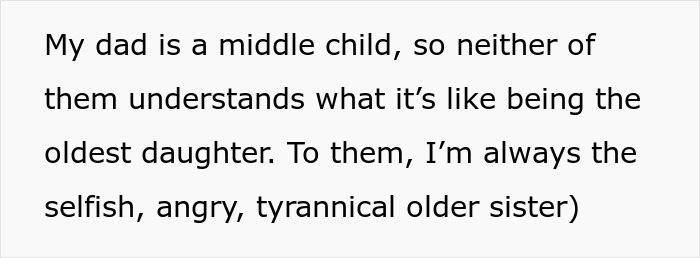 Text describing sibling struggles from the perspective of the oldest daughter in sister family parenting drama.