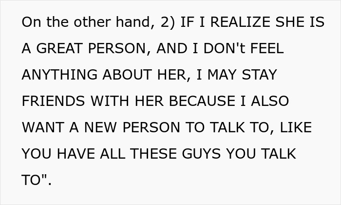 Text excerpt discussing staying friends with a woman 15 years ago and a married man texting her, cautioning wife not to freak out.