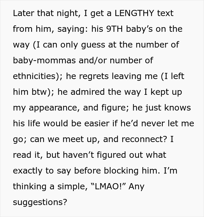 Text message about a cheater with 9 kids and multiple baby mamas wanting to reconnect with his child-free ex.