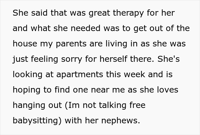 Text excerpt discussing sister relationship struggles, cheater issues, and personal drama impacting their work and living situation.