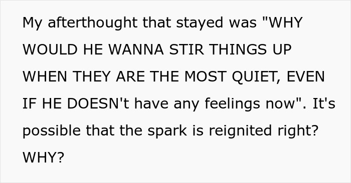 Text excerpt discussing a married man texting a woman he loved 15 years ago and the possibility of reigniting the spark.