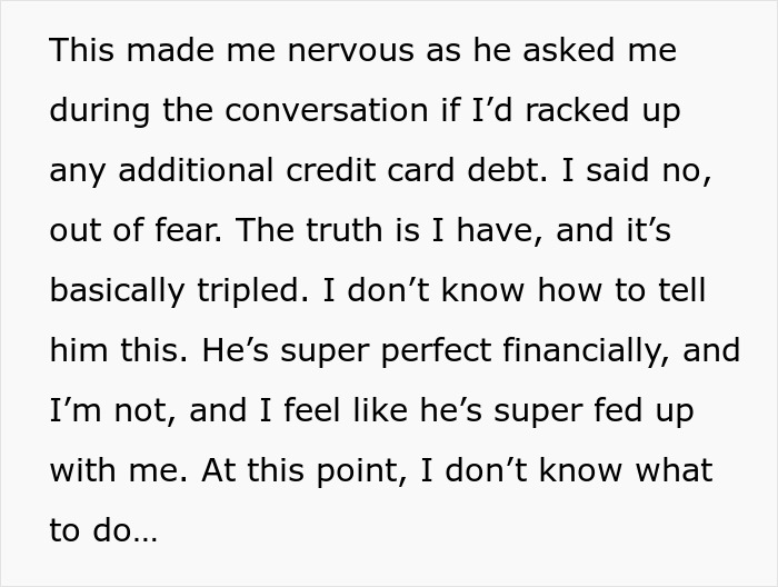 Text excerpt about credit card debt and financial struggles in a boyfriend-girlfriend relationship involving finances and marriage.