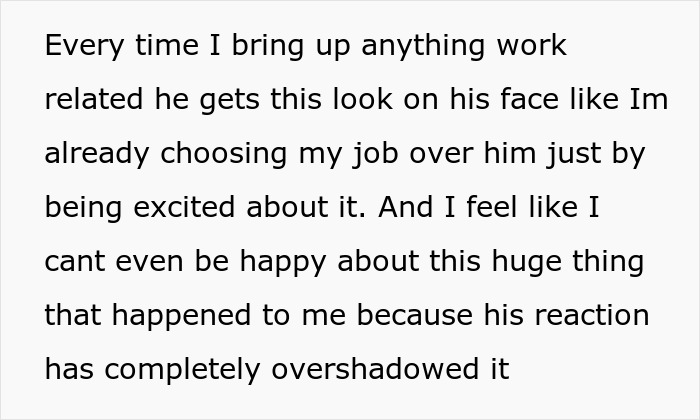 Text about woman feeling overshadowed by boyfriend's reaction to her success, highlighting relationship tension and emotional conflict.