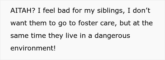 Text discussing a teen feeling conflicted about siblings in a dangerous environment before finally escaping a horrible family.