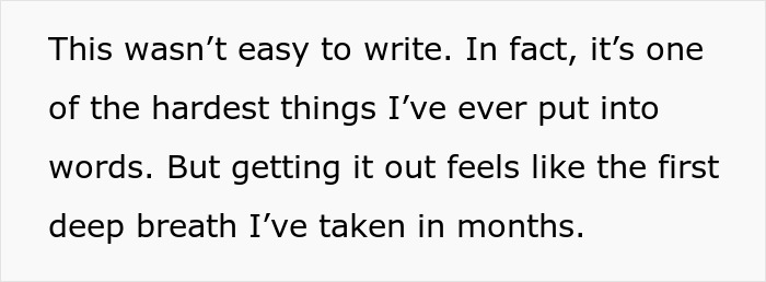 Text on a white background describing the difficulty of writing about postpartum boundaries and the relief of finally expressing it.