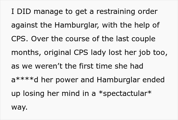 Text excerpt discussing a restraining order against the Hamburglar and involvement of CPS over several months.