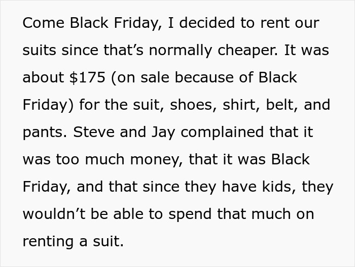 Text excerpt discussing renting suits for Black Friday sale, including complaints about cost and financial challenges with kids.