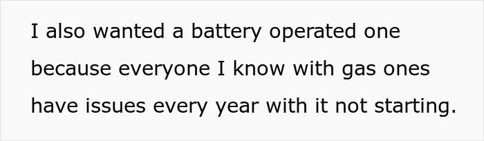 Text discussing preference for a battery operated snow blower over gas ones due to reliability issues.