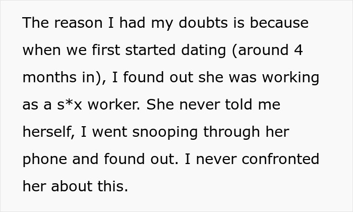 Text discussing doubts about a wife who fakes transactions to hide income source, revealed through snooping on her phone.