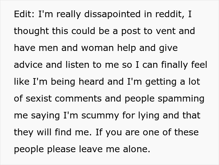 Text post expressing disappointment in Reddit, seeking advice about sexist comments and spam related to lying claims.