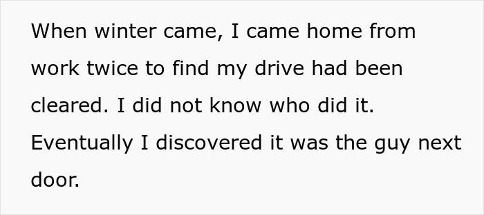 Text excerpt about a woman refusing to lend her new snow blower to a neighbor she never met before.