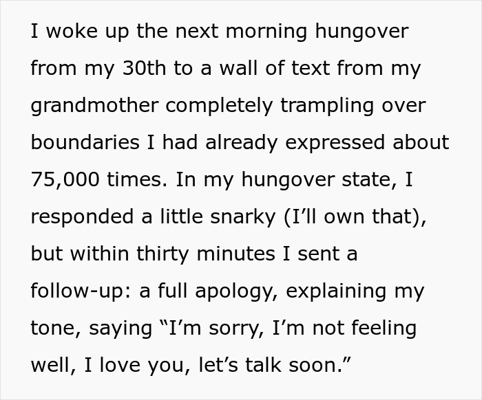 Text excerpt describing a hungover response to a grandmother ignoring postpartum boundaries and sending a snarky reply.