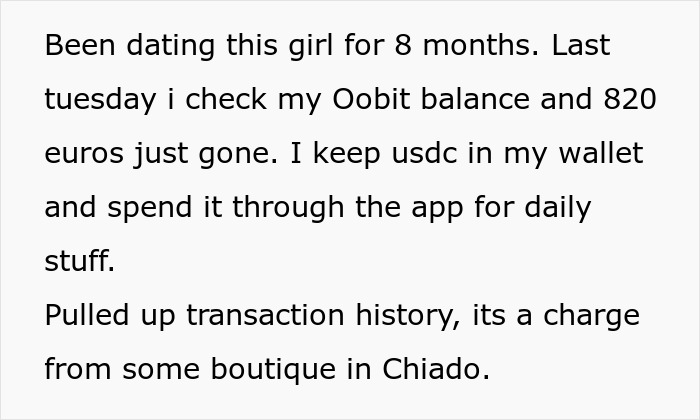 Text discussing a relationship concern involving a girlfriend and phone app transactions affecting the wallet balance.