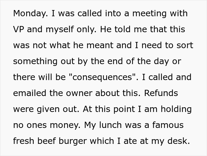 Text excerpt about a workplace meeting involving lunch, refunds, and consequences due to entitlement issues.