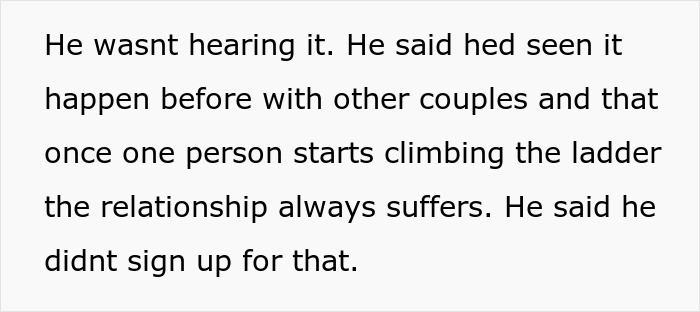 Text excerpt discussing a woman stunned after her boyfriend admits her success threatens the life he pictured.