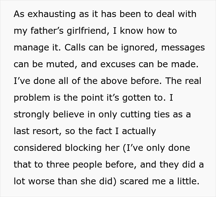 Text excerpt about dealing with dad's girlfriend with baby fever, describing exhaustion and considering cutting ties.