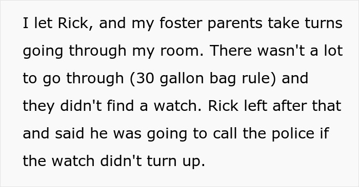 Text showing a foster teen describing how foster parents searched their room for a missing watch, threatening to call police.