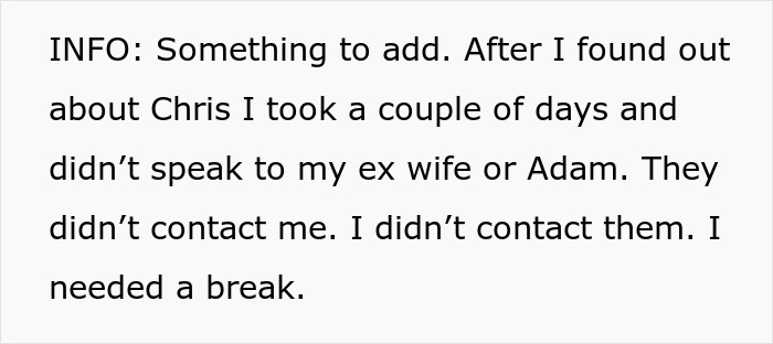 Text excerpt discussing drama over last name and distancing from bio dad during a family conflict involving ex-wife and son.