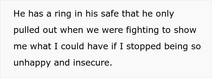 Text excerpt about woman discovering suspicious boyfriend's secret ring, revealing his already married status during fights.
