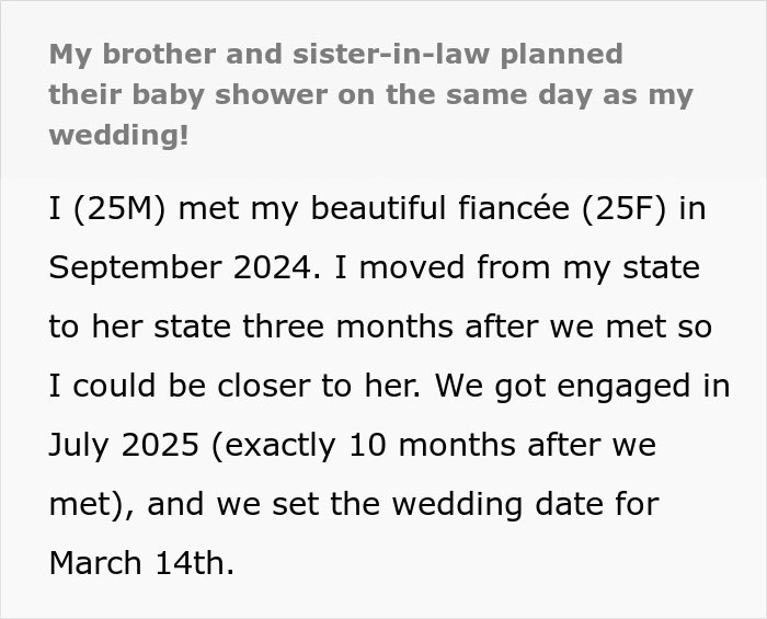 Groom&rsquo;s brother causes drama by throwing a baby shower on the same day as the wedding celebration.