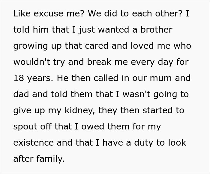 Text excerpt about family conflict over kidney donation and refusal to save brother despite their past treatment.