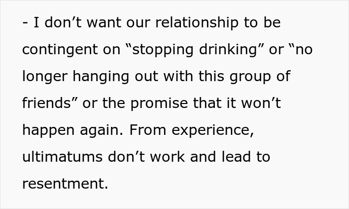 Text excerpt discussing a woman telling her drunk boyfriend to stop acting like a jerk and his refusal to change.