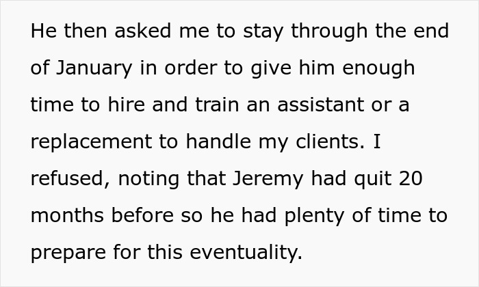 Text excerpt showing a top employee refusing to stay longer as the boss delays hiring a replacement.