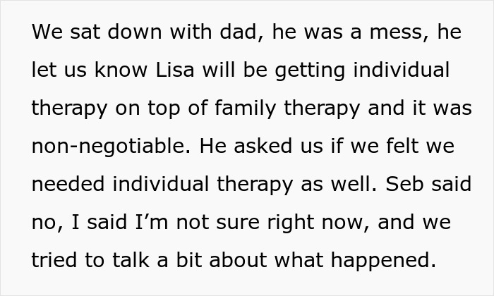 Text from a family discussion about therapy sessions after a widowed dad finds love again and faces teenage jealousy.